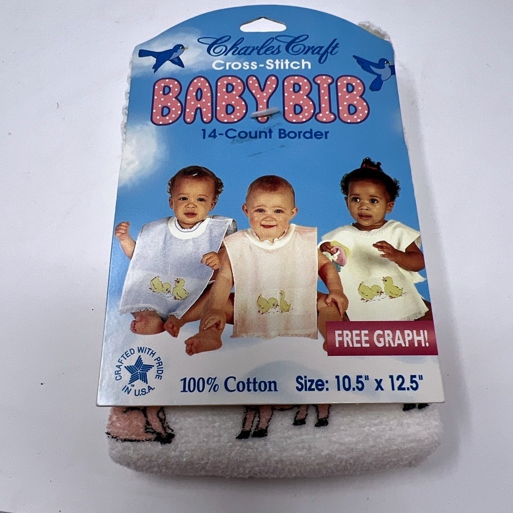 VINTAGE 1980s Charles Craft Deluxe Baby Bib Pig‎ Print Cross Stitch NOS Made USA